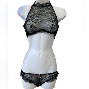 Burlesque pinup Black Lace Halter Bralette and Panty Set